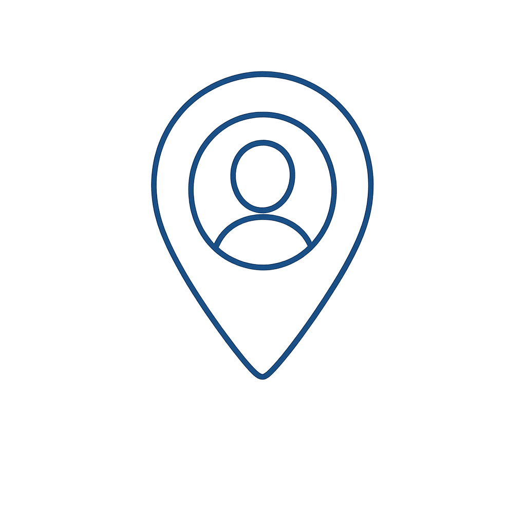 A simple blue outline of a map location pin with a user profile icon inside, set against a plain white background.