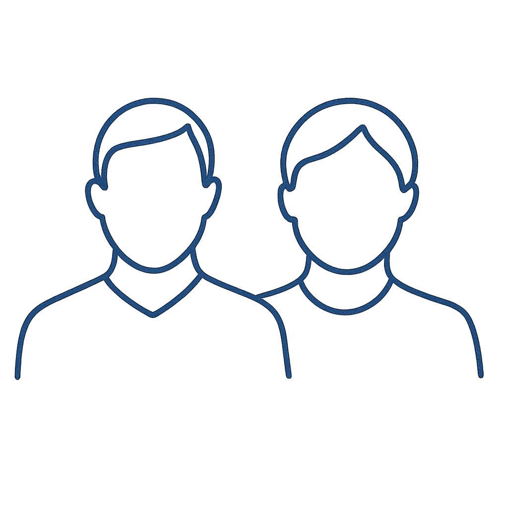 Simple blue line drawing of two faceless people standing side by side, one slightly in front of the other, on a plain white background.