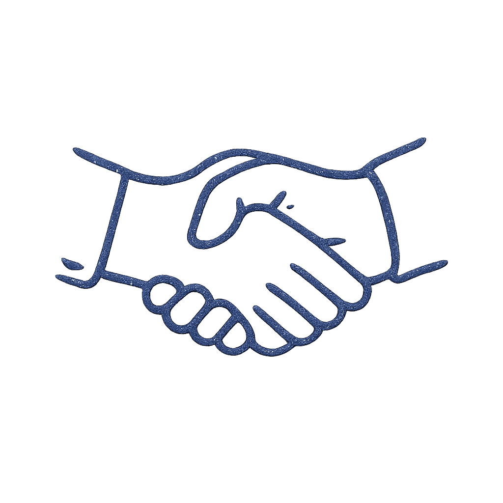 A simple blue line drawing of two hands shaking, symbolising agreement or partnership, on a plain white background.
