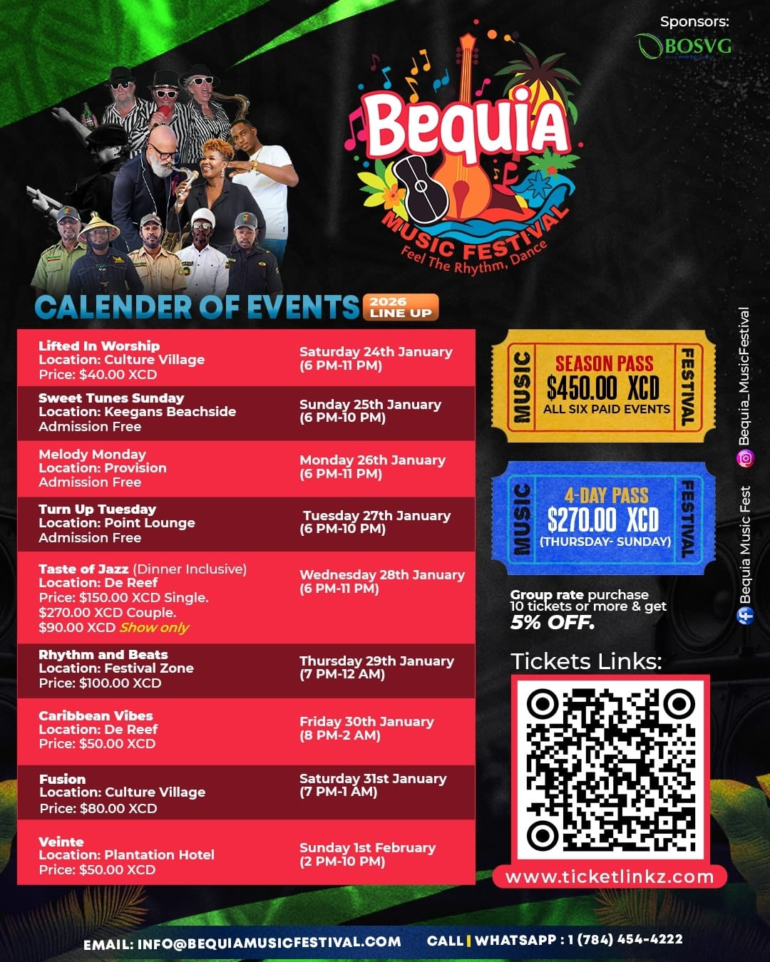 Colourful flyer for the Bequia Music Festival shows the event schedule, dates (25-28 Jan), ticket prices, sponsors, artist line-up, and QR code for tickets. Background features festive graphics and musical icons.