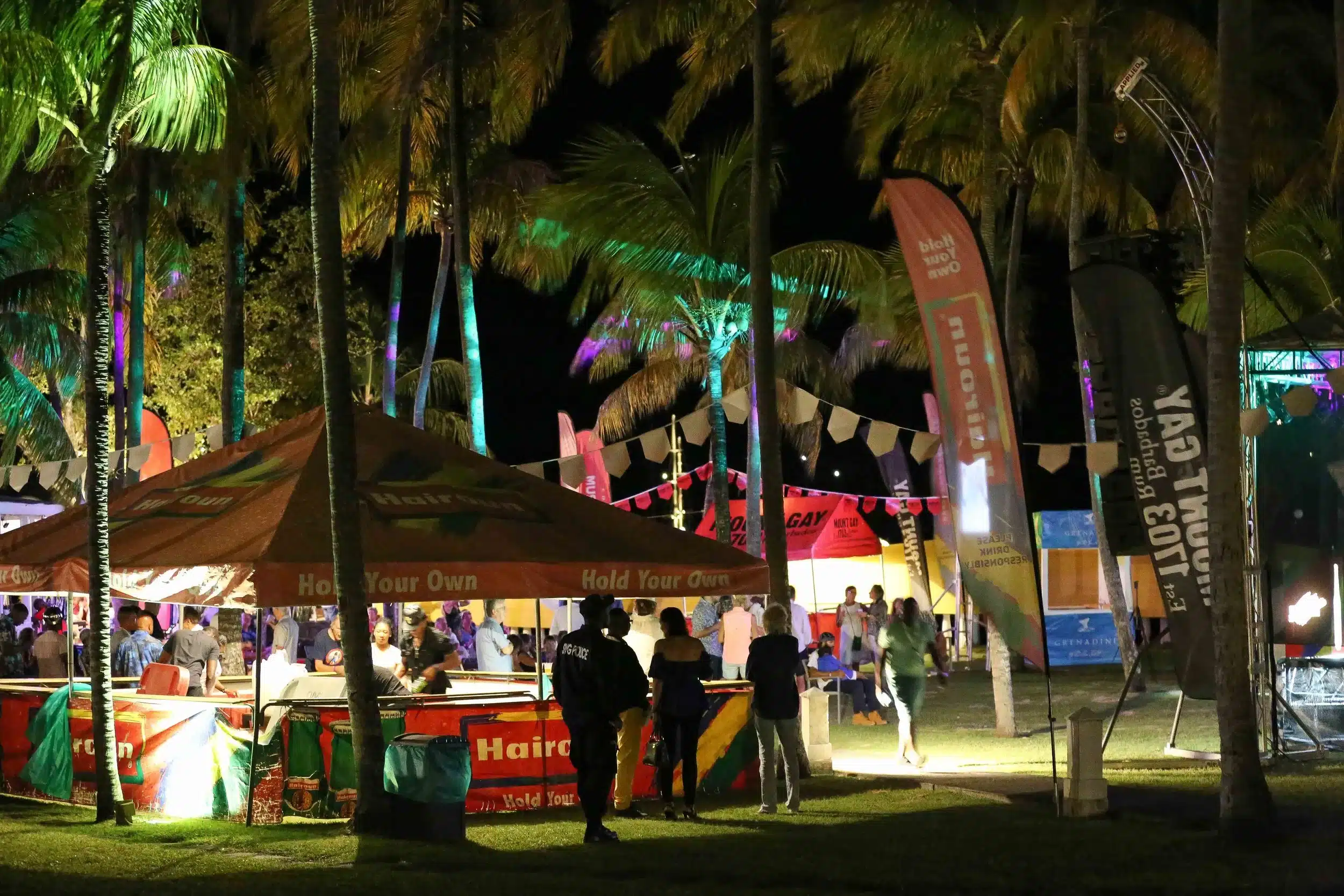 People gather under palm trees at a nighttime outdoor festival with colourful tents, banners, and lights. Some stand near food stalls while others walk or socialise in the background.